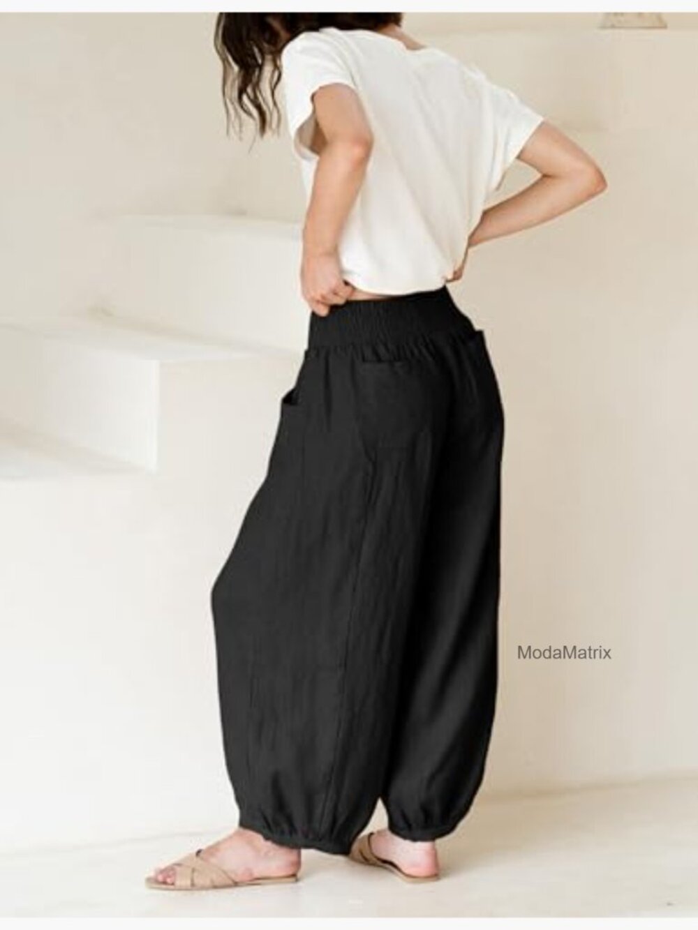 Wide Leg Cotton Linen Barrel Pants Elastic Waist Lounge Trousers Pockets - Picture 3 of 7